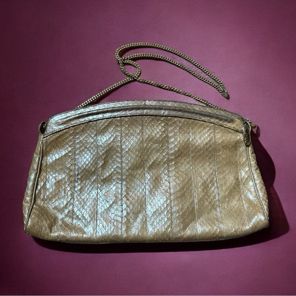 Vintage 1980s Venetto Beige Snakeskin Leather Bag Purse with Gold Crossbody Stra